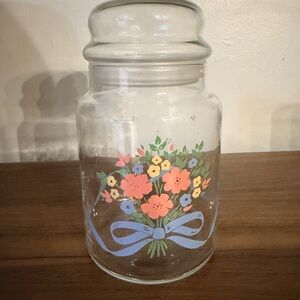 Vintage country Bouquet Blue Ribbon Glass Canister Country 90s